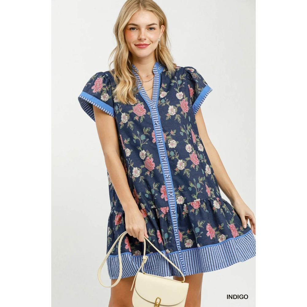 Umgee Floral Contrast Trim Ruffle Hem Mini Dress - Indigo - Medium - Picture 1 of 6